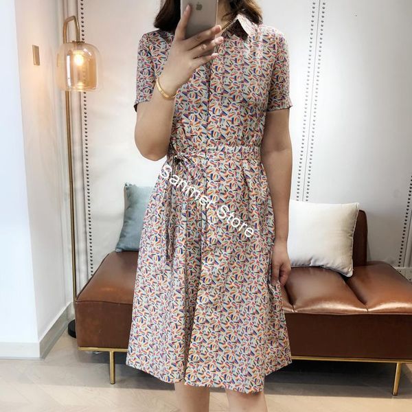 

2021 new algodo feminino na altura do joelho vestido turn-down colarinho impresso manga curta faixas primavera vero senhora lao-up roupes do, Black;gray