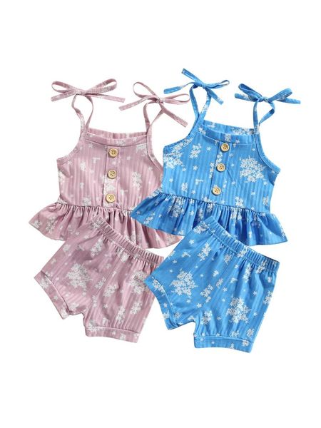 

clothing sets 2pcs toddler summer outfit, girls floral tied spaghetti strap tank + elastic waist shorts, 6 months to 4 years, White