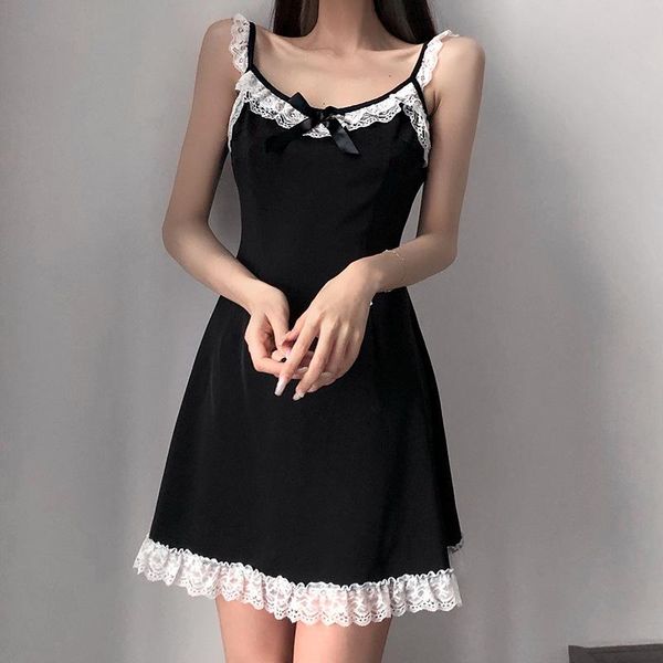 

casual dresses lace trim black strap mini dress kawaii cute outfits for women summer harajuku sundress vestidos, Black;gray