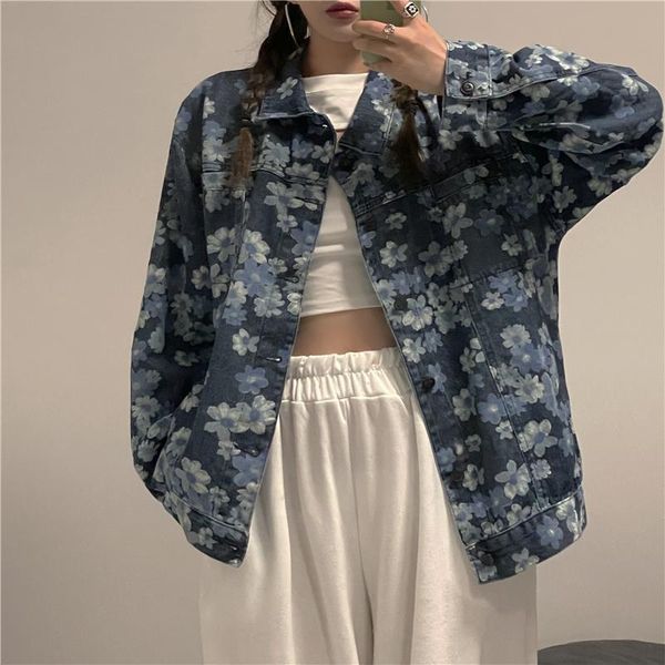 

women's jackets harajuku women washed blue flower print denim jacket spring autumn korean loose long sleeve casual jaqueta feminina str, Black;brown