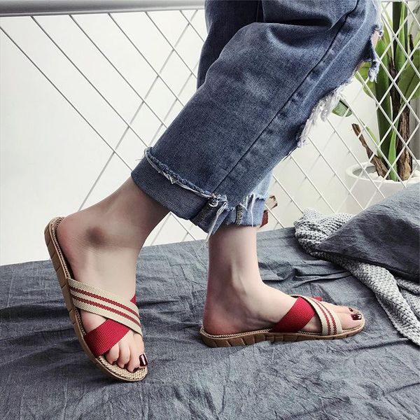 

slippers summer women's flax for woman men casual linen slides multi-style non-slip home indoor shoes beach flip flops, Black