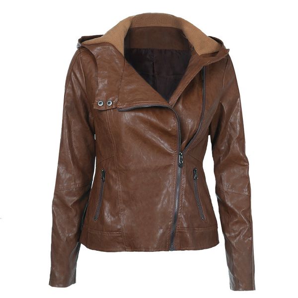 

fashion hooded long-sleeved solid color women's leather jacket pu, Black