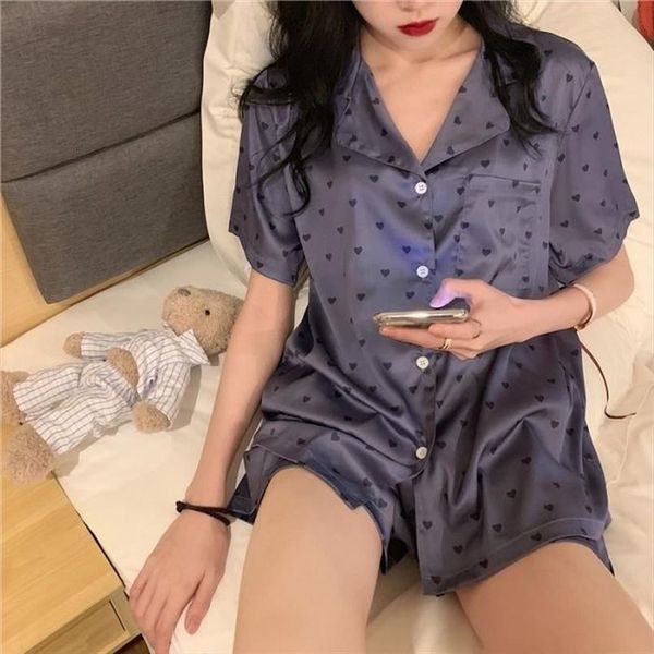 

heart print pajamas korean summer womens sleepwears pyjama femme loose cute clothes pijamas home suit, Black;red