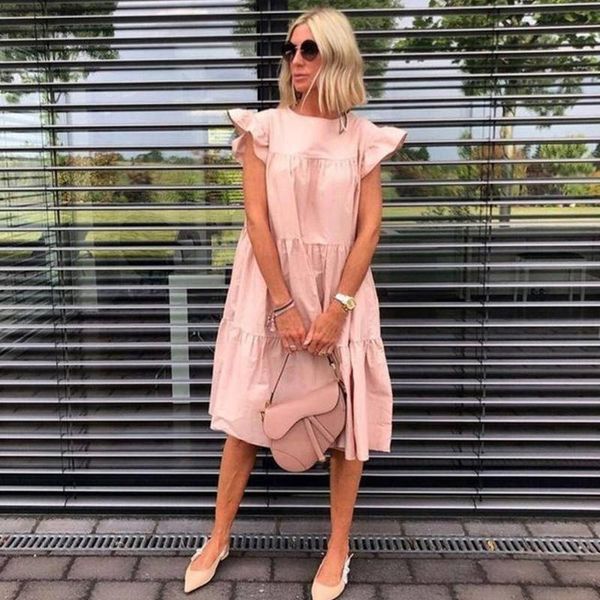 

casual dresses womens sleeveless ruffle midi dress ladies summer loose plus size, Black;gray