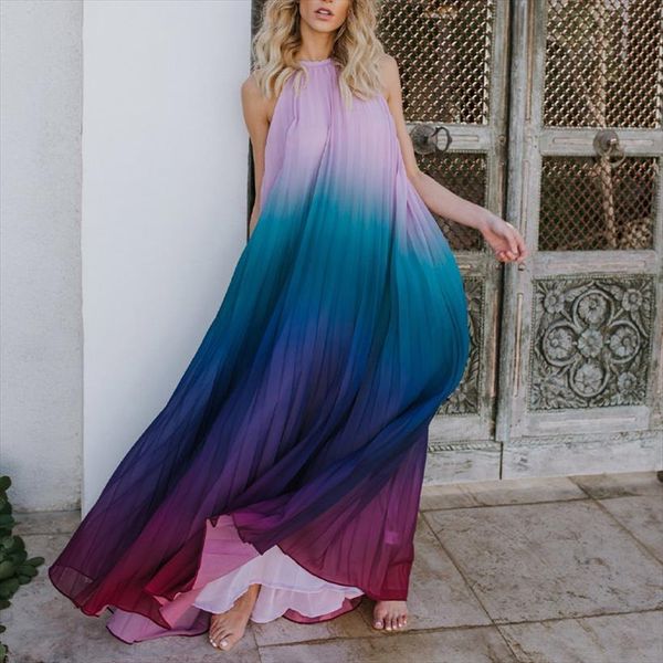 

elegant party chiffon rainbow womens dresses floral print maxi backless halter long dress summer vacation boho beach robe, Black;gray
