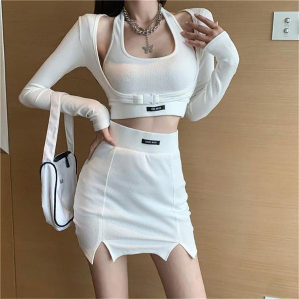 

3 pieces sets white womens dresses knitting blouses skirt summer casual sweet long sleeve and a line mini skirts