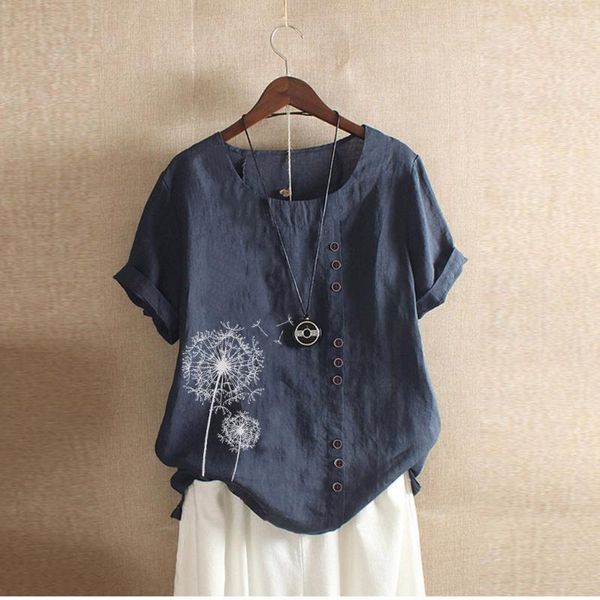 

women's blouses & shirts womens casual and blouse vintage button cotton linen plus size boho short sleeve print blusas 2021, White