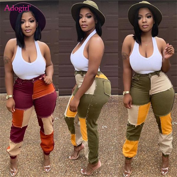 

women's jeans adogirl women color patchwork pants 2021 autumn winter female casual button mid waist washed denim trousers streetwear, Blue