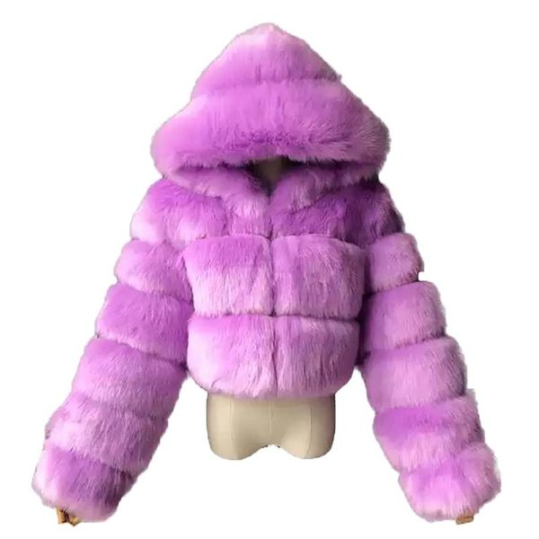 

women's fur & faux autumn winter coat women 2021 fashion vintage long sleeve with cap slim short jackets furry femme, Black
