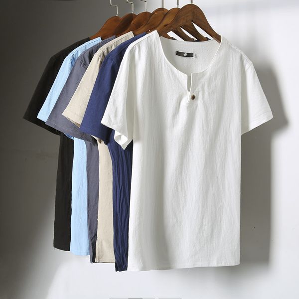 

men's summer solid casual color v-neck chinese style cotton linen trend half sleeve short t-shirt, White;black