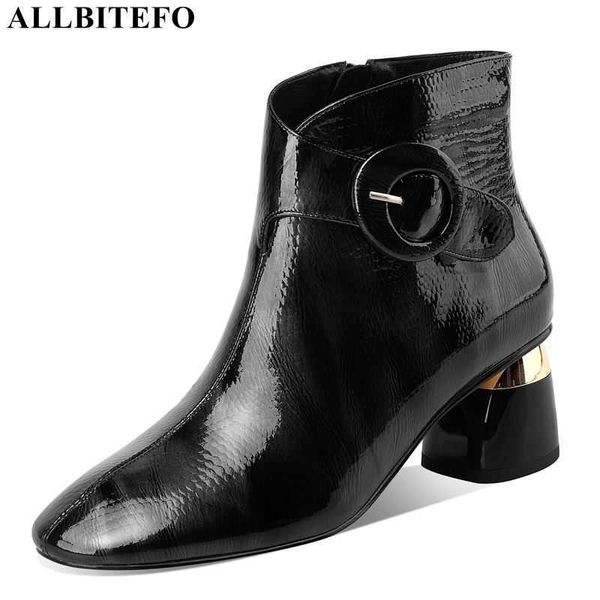 AlliteBoFo fivela de moda Genuine couro grosso saltos tornozelo botas para mulheres grossas saltos de escritório sapatos de senhoras inverno mulheres botas 210611