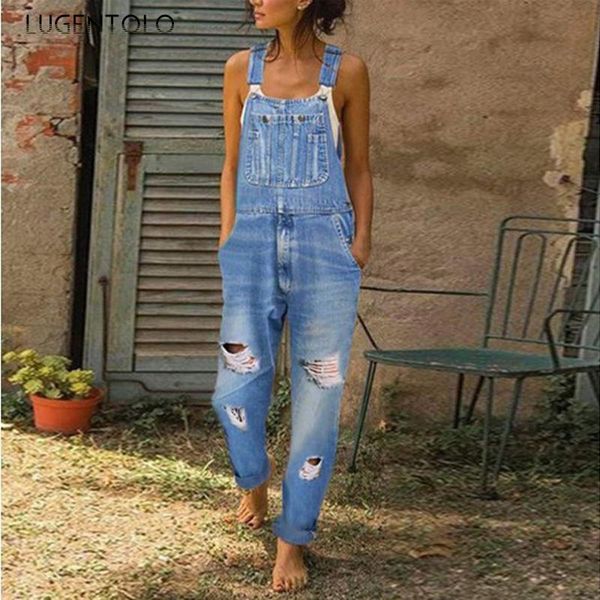

women's jeans lugentolo women simple jean overalls high waist washed and ripped female loose denim casual suspender trousers, Blue