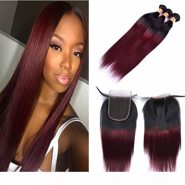 

ombre colored two tone weave 1b 99j straight hair extensions weave bundles with part lace closure unprocessed virgin human hair vendors, Black;brown