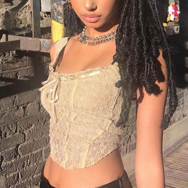

camisoles & tanks women retro sheer bow lace corset fairy core summer neck square crop slim backless aesthetic tank f5u2, Black;white