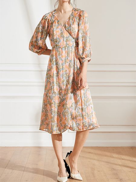 

2021 new one-piece mulheres envoltrio vestidos dividir com decote em v bow lace-up de trs quartos manga ouro-linha floral impresso senhoras, Black;gray