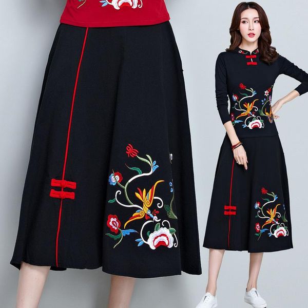 

saias skirts womens jupe femme long skirt folk-custom embroidery loose and comfortable faldas mujer cotton linen long skirts, Black