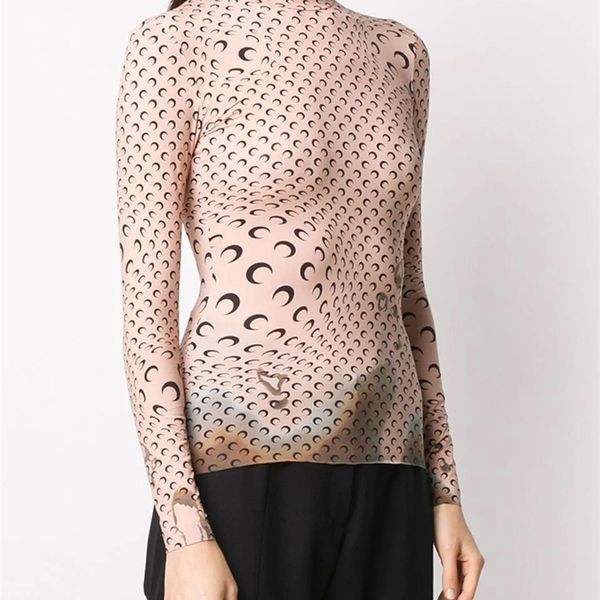 

crescent pattern print round neck pullover knit stretch tight-fitting long-sleeved t-shirt ladies fall new fashion all-match 210315, White