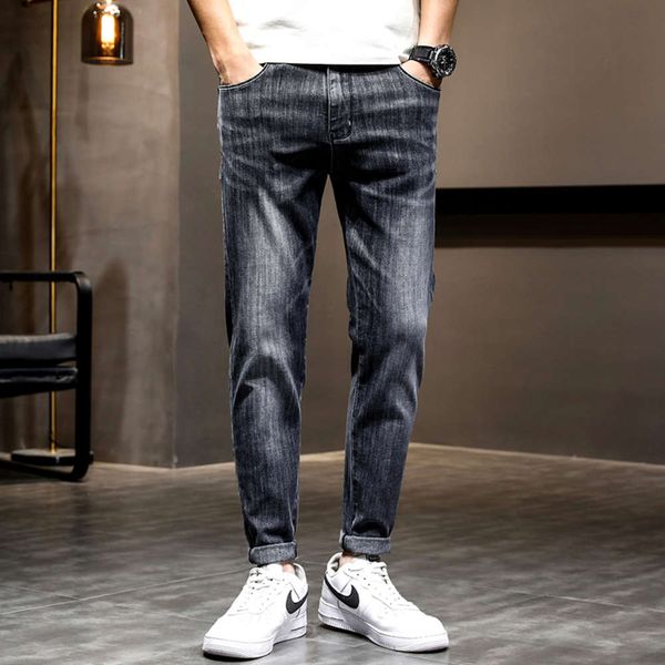 

spring and autumn tide brand cigarette grey jeans men's korean fashion slim small foot elastic versatile casual pants, Blue