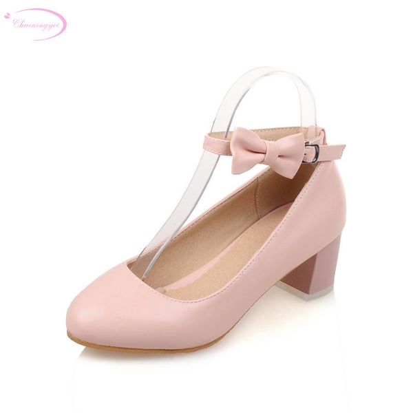 

dress shoes chainingyee sweet style pointed toe pumps fashion belt buckle bowknot pink blue white med with women's big size, Black