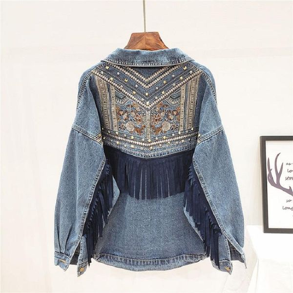 

women's jackets 2021 korean tassel heavy industry embroidered denim female jacket loose bf women coat long sleeve outerwear veste femme, Black;brown