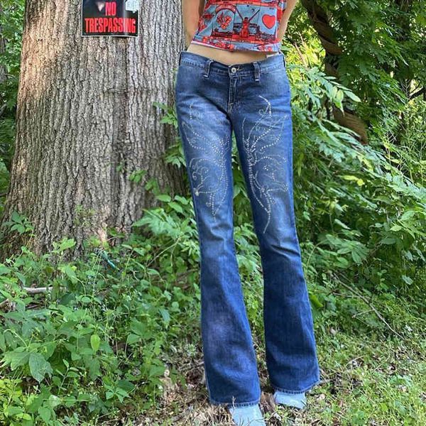 

women's jeans low-waisted brim trousers harajuku baggy pretty brem pants streetwear breeches retro butterfly strass printed y2k k7wk, Blue