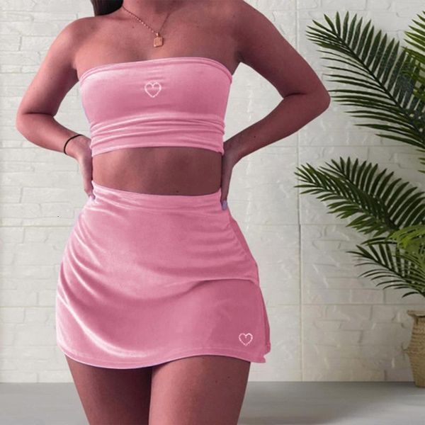 

velvet crop skirts 2pcs set ladies summer spaghetti strap tube split mini skirt fashion love print female sets new, Gray