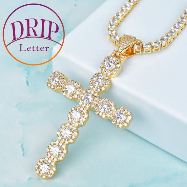 

pendant necklaces miami cross big zircon with 4mm tennis chain gold color cubic men's women hip hop rock necklace jewelry, Silver