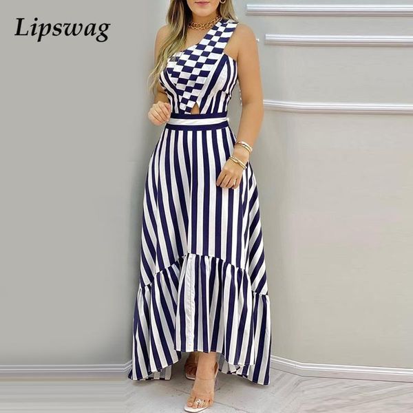 

summer sleeveless stripe pleated long dress women elegant one shoulder maxi dress casual autumn hollow out lady party dresshigh quality, Black;gray