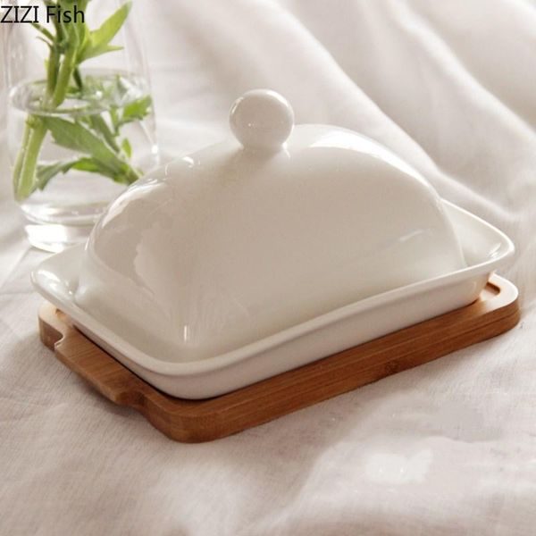 

dishes & plates white ceramic butter dish with lid and bamboo tray bread cheese plate nordic style home kitchen creative fruit dessert