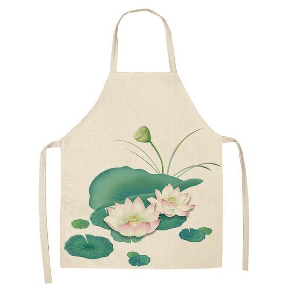 

1 pcs lotus flower pattern kitchen aprons for woman cotton linen sleeveless apron dinner bbq party cooking baking accessories