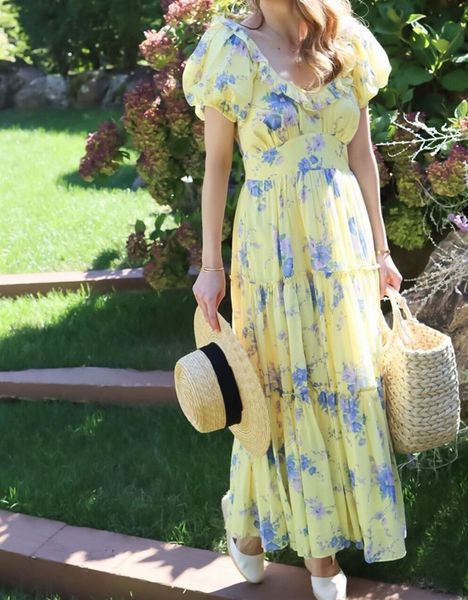 

holiday wood ears square collar floral swing maxi long dress bohemian woman spliced pleated ruched puff sleeve dresses, Red