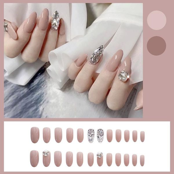 

false nails 24pcs pink diamonds wear long paragraph fashion manicure patch save time wearable nail tn, Red;gold