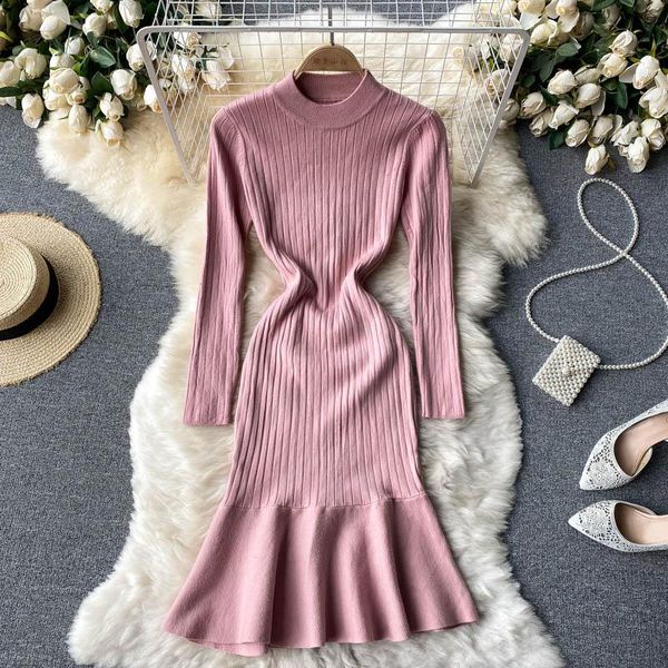 

casual dresses teeuiear slim ruffles autumn bodycon knitted sweater midi mermaid dress winter high street women party knee length, Black;gray