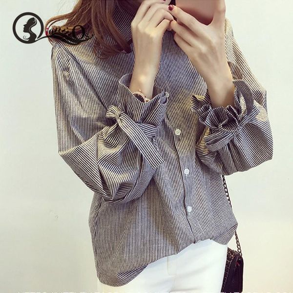 

women's blouses & shirts 2021 autumn winter blouse for women striped bow korean style gray lapel lantern sleeve shirt female office, White