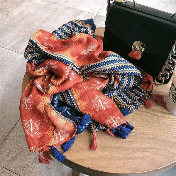 

scarves folk style silk scarf women summer sun protection oversize shawl thin spring and autumn cotton linen daily leisure, Blue;gray