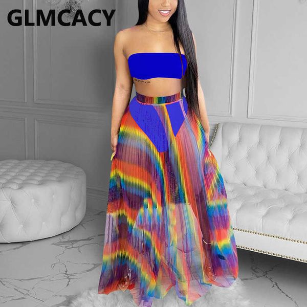 

two piece summer beach suits tube & see through maxi skirt set 210702, White