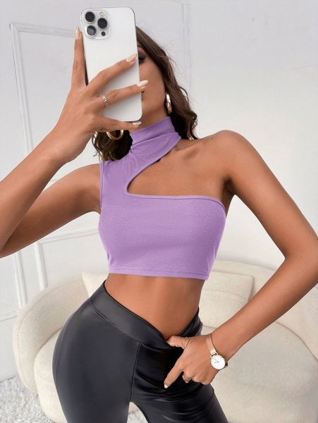 

asymmetrical neck ribbed knit crop m4bf#, White