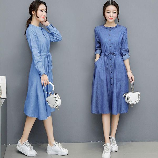 

casual dresses 2021 spring autumn mid length korean slim single breasted long sleeve round neck bandage dress blue, Black;gray