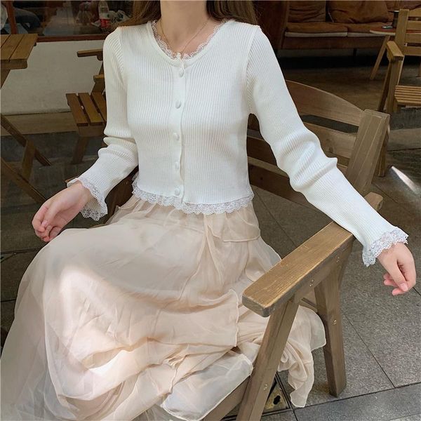 

women's knits & tees cute knitted cardigans women autumn 2021 lace trim o-neck long sleeve slim sweater single breasted solid sweet, White