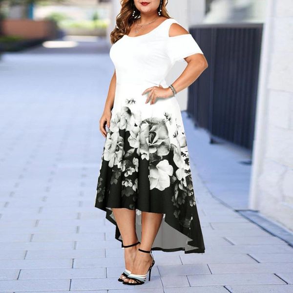 

plus size dresses floral printed women's casual dress summer elegant cold sleeve maxi long sundress female party 5xl, Black