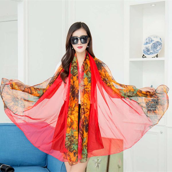 

2021 korean women's chiffon printed silk sunscreen scarf shawl beach tulle sand towel, Blue;black