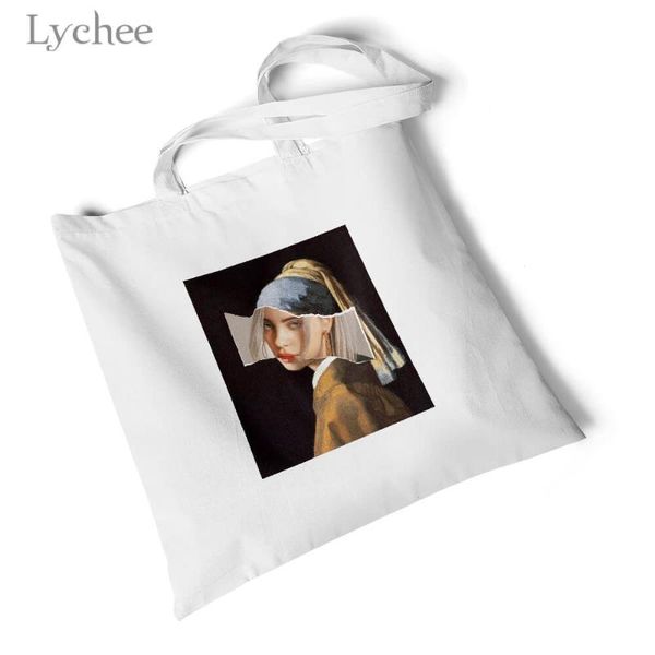

shopping bags lychee harajuku character printed white canvas bag storage foldable large travel shoulder reusable original handbag