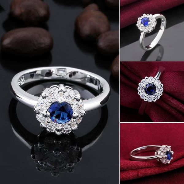 

wedding rings silver color fashion jewelry pendant flower blue zircon crystal ring, Slivery;golden