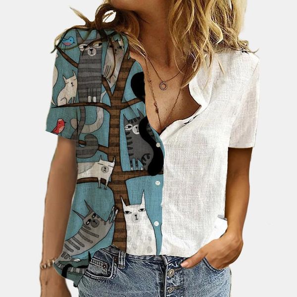 

women's t-shirt women fashion print short sleeve shirt casual tee turn down collar button plus size t-shirts office lady summer 202, White