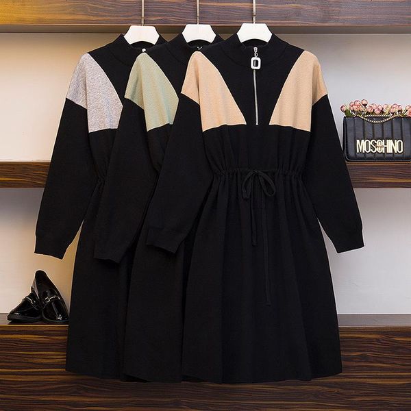 

casual dresses 2021 spring big size women's 200 catty fat mm net red air long knee sweater dress knitted black divisione, Black;gray