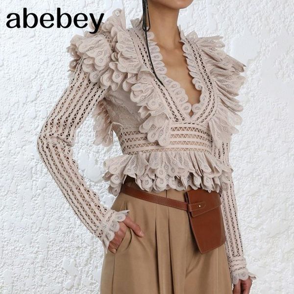 

women's blouses & shirts 2021 runway self portrait women lace hollow out layers ruffles shirt blusas vintage ladies blouse flare sleeve, White