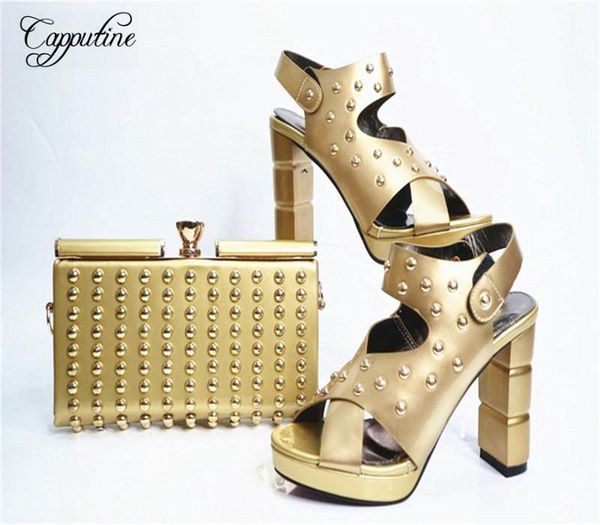 

dress shoes capputine italian style pu leather with rivet and bag set african desgin woman matching purse for party g27, Black