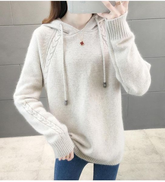 

women's sweaters red pullover sweater women loose outer wear autumn clothes lazy style hooded knitted pure color, White;black