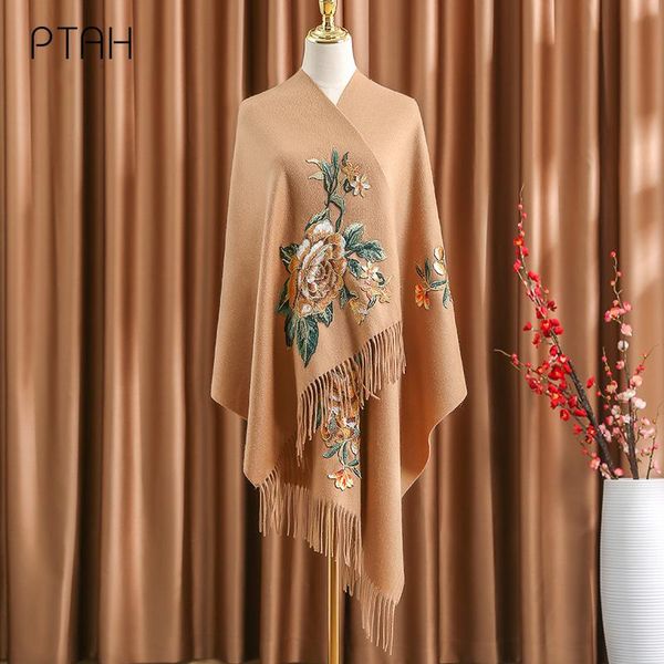 

scarves [ptah] wool for women thick cashmere shawl wrap winter warmer temperament elegant embroidery large scarf ladies 200*60cm, Blue;gray