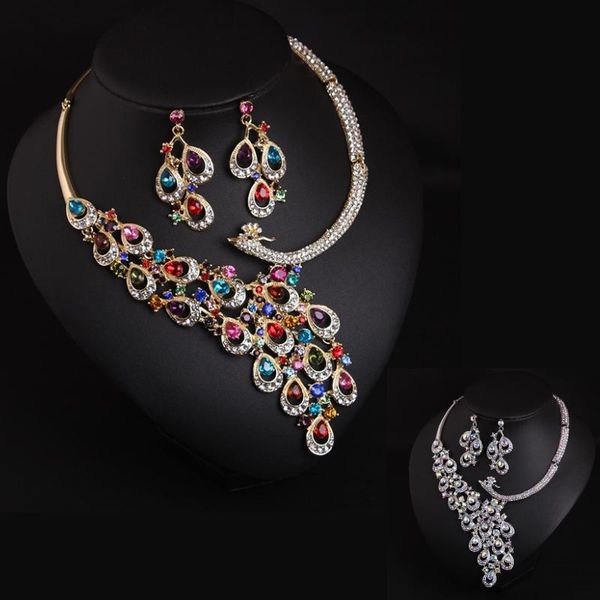 

earrings & necklace luxucry crystal jewelry set surround water drop rhinestone peacock metal clavicle chains women wedding party, Silver